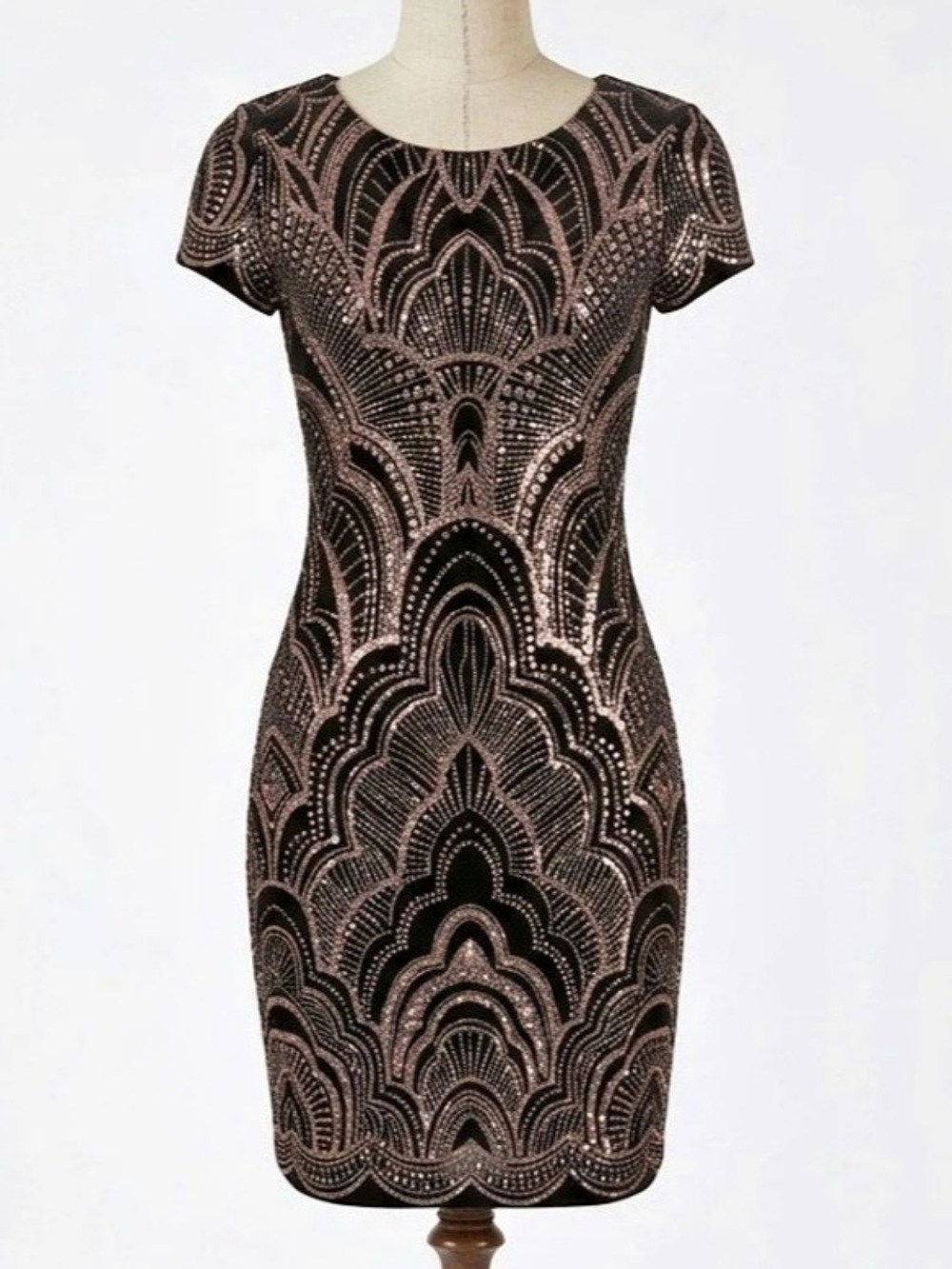 Women’s JUMP Apparel Black Rose Gold Glitter Art Deco Sheath Bodycon Dress S